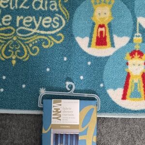 Blue and Gold Fabric Shower Curtain And Matching Mat.